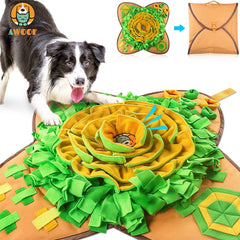 AWOOOF Snuffle Mat center orange flower hides treats for engaging canine foraging.