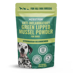 Azestfor green-lipped mussel dog powder packaging shows natural NZ sourcing for potential mobility support