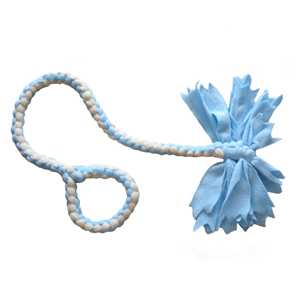 Baba&Nana braided fleece dog tug toy blue with ball for interactive play.