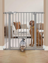 BABELIO 36-Inch extra tall baby gate with cat door on stairs for safe passage.