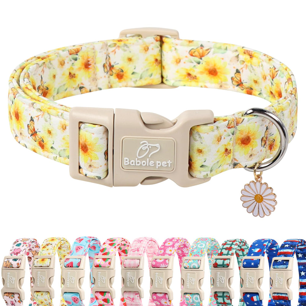 Babole Pet adjustable floral dog collar close-up sunflowers and butterflies for stylish daily wear