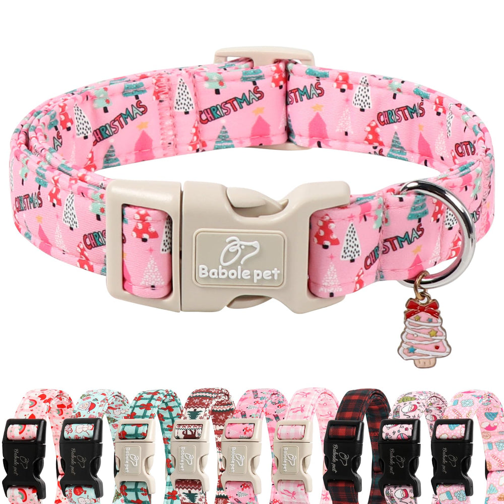 Babole Pet Christmas dog collar large pink tree print for everyday comfort.