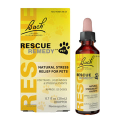 Bach Rescue Remedy Pet Dropper bottle shows calming flower essence for pets