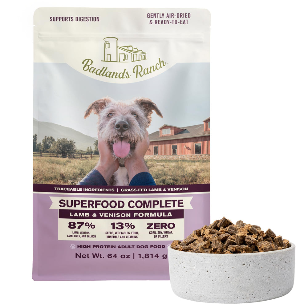 BADLANDS RANCH superfood complete air-dried dog food bag 64oz highlights premium protein