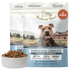 BADLANDS RANCH Superfood Complete air-dried dog food bag highlights high-protein chicken nutrition for active dogs.