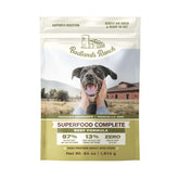 BADLANDS RANCH Superfood Complete air-dried dog food bag highlights high-protein beef formula.