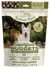 BADLANDS RANCH Superfood Nuggets packaging highlights premium freeze-dried ingredients for dogs.
