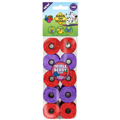 Bags on Board triple berry poop bags closeup show thick material and scent for odor control.