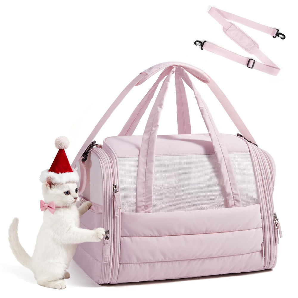 BAGSMART cat carrier soft-sided pink front view for convenient cabin travel.