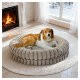 BALANCE 36-inch donut bed top view highlights plush oatmeal fabric and cozy support for large dogs