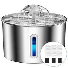 BalimoPet cat water fountain front view shows 74oz steel hydration design