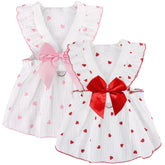 Baobicute heart-print dog dress on a small dog for summer style.