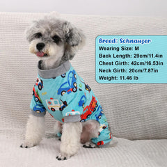BAOBICUTE dog pajamas dinosaur pattern on dog highlighting playful outing comfort.