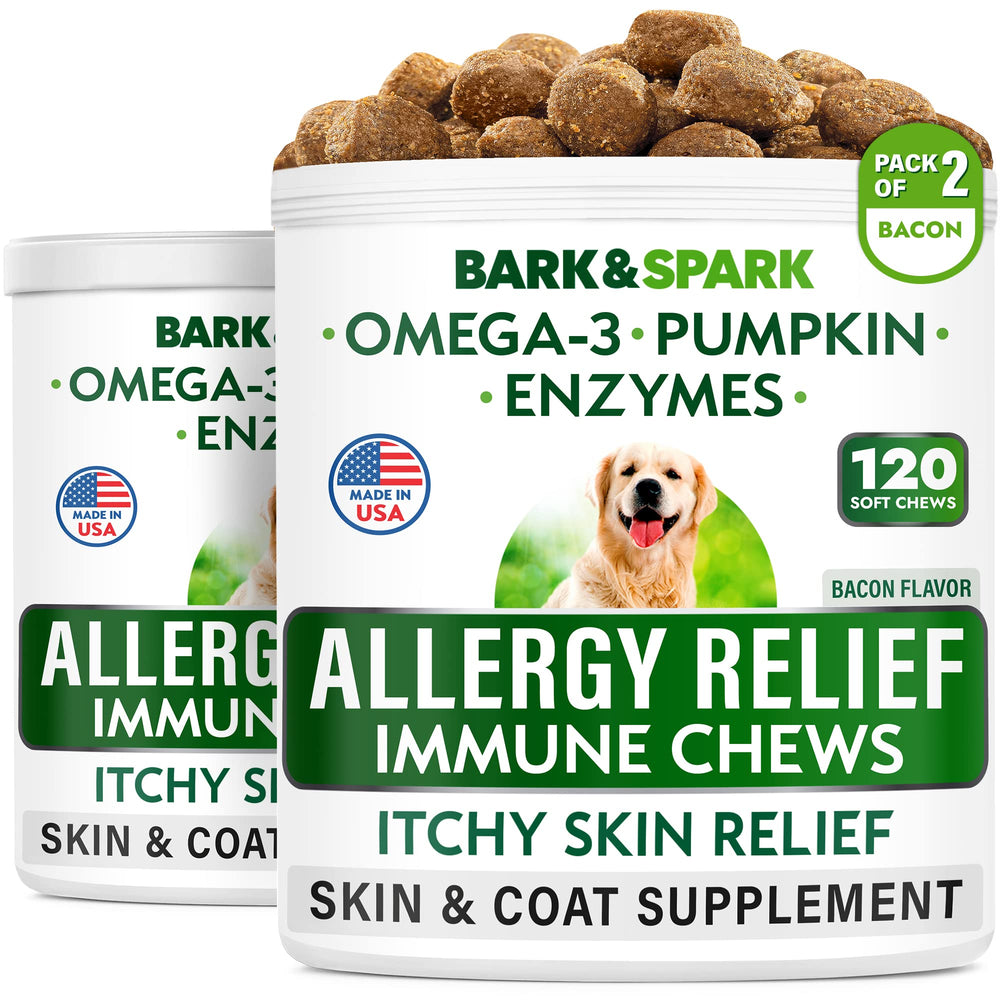 BARK&SPARK allergy chews bottle shows bacon flavor and skin-relief potential.