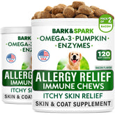 BARK&SPARK allergy chews bottle shows bacon flavor and skin-relief potential.