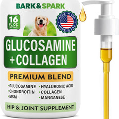 BARK&SPARK Liquid Glucosamine dog bottle offers advanced joint support for active dogs.