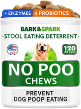 BARK&SPARK No Poo Treats bottle closeup showing bacon flavor chews for digestion support