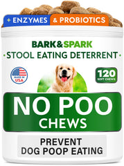 BARK&SPARK No Poo Treats bottle closeup showing bacon flavor chews for digestion support