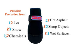 Bark Brite neoprene dog booties in black demonstrate flexible fit and paw protection.