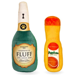 Bark Bros Paw-Mosa Mimosa plush champagne bottle toy with squeaker for interactive play.
