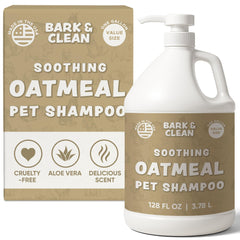 Bark & Clean Oatmeal Shampoo pump bottle for easy, mess-free grooming.