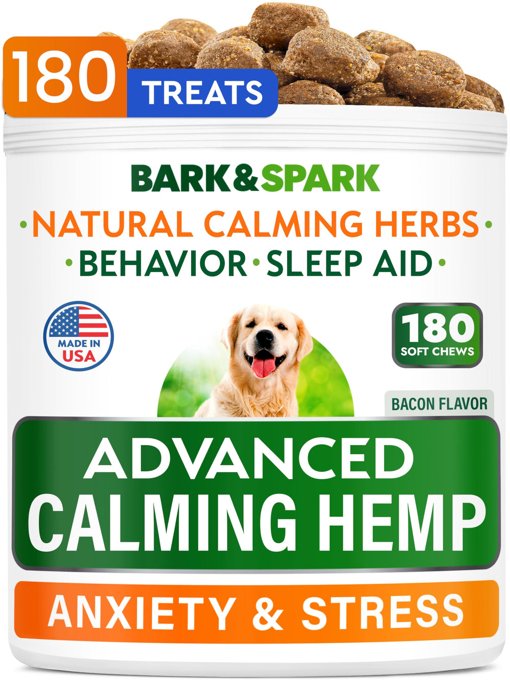 BARK&SPARK Advanced Calming Treats packaging showcases a calming solution for anxious dogs.