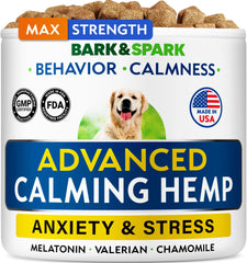 BARK&SPARK calming chews bottle-front shows a sleep aid for dogs.