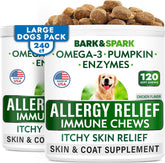 BARK&SPARK dog allergy relief chews package highlights convenient daily skin and coat support.