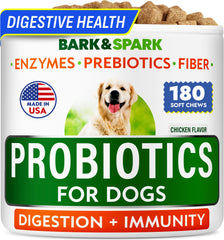 BARK&SPARK 180-count package shown for canine digestive health support across ages