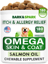BARK&SPARK Omega-3 dog treats jar with salmon oil chews for shedding support.
