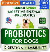 Bark&Spark probiotic bottle with 180-chew pack for gut health support.