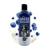 Bark2Basics Blueberry Greek Yogurt Shampoo bottle front highlights natural ingredients for dry coats.