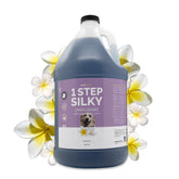 Bark2Basics One Step Silky bottle demonstrates gentle cleansing for quick dog baths.