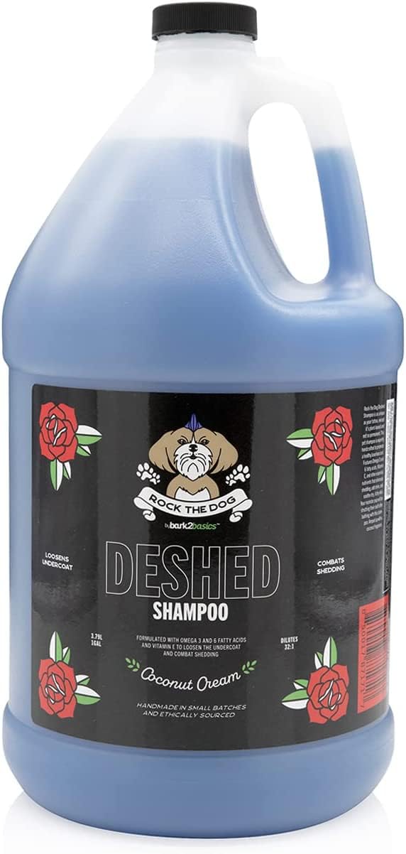 Bark2Basics Rock The Dog deshedding shampoo bottle pour demonstrates easy dilution with 32:1 concentrate.