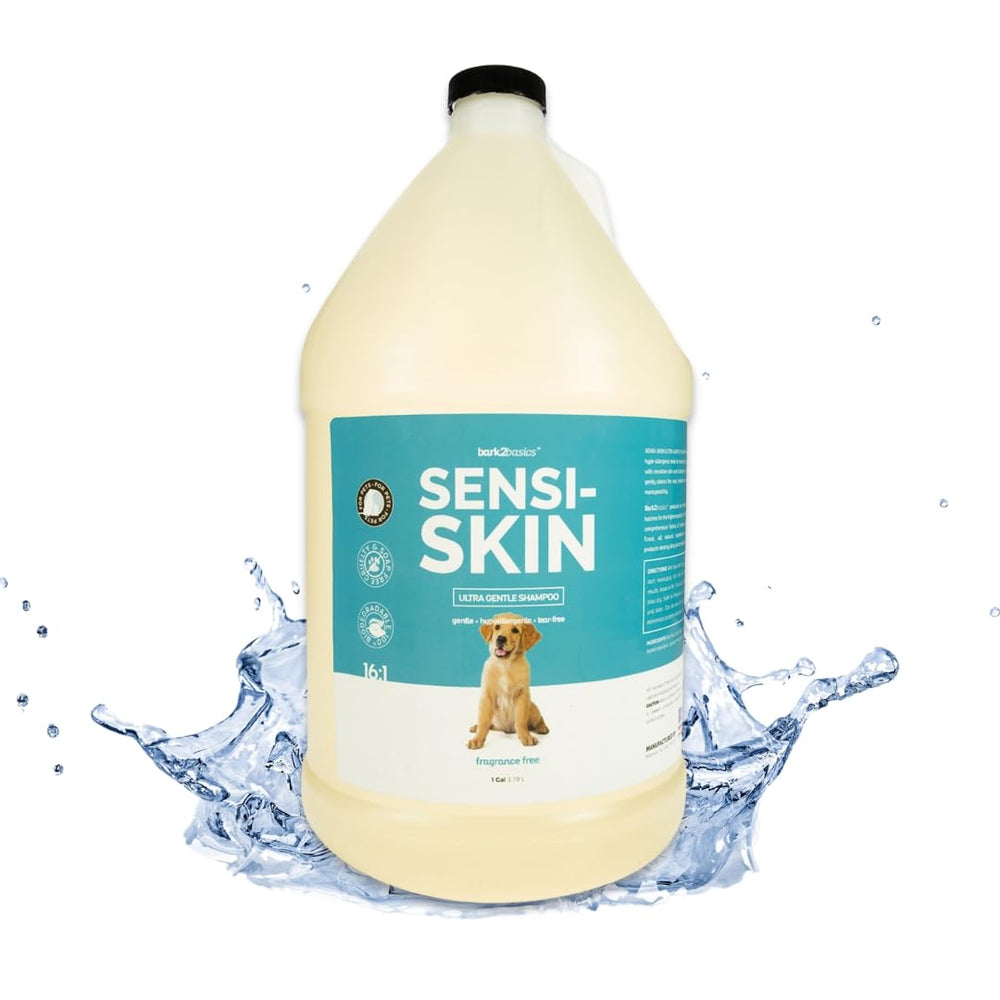Bark2Basics Sensi-Skin shampoo bottle shown with fragrance-free formula for sensitive dog skin.
