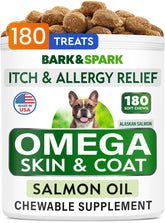 BARK&SPARK Omega 3 dog treats bottle shows premium salmon oil with potential itch relief.