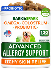 BARK&SPARK Advanced Dog Allergy Chews packaging highlights allergy support