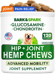 BARK&SPARK hemp hip joint chews bottle promotes canine mobility and joint comfort.