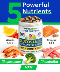 BARK&SPARK ingredients panel highlights glucosamine, chondroitin, MSM, and omega-3-6 for mobility