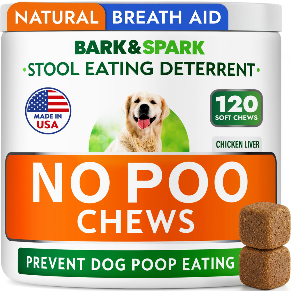 BARK&SPARK No Poo Chews bottle closeup shows a USA-made stool deterrent for dogs.