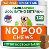 BARK&SPARK No Poo Chews bottle closeup shows a USA-made stool deterrent for dogs.