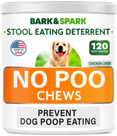 BARK&SPARK No Poo Treats bottle illustrates digestion-supporting formula for dogs.