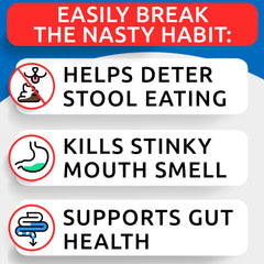 BARK&SPARK No Poo Treats shows dog chewing a chewable deterrent.
