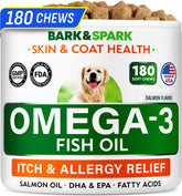 BARK&SPARK Omega-3 dog treats jar highlighting salmon oil for skin and coat support.