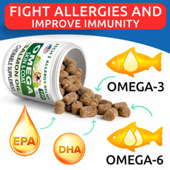 Close-up of label on BARK&SPARK Omega-3 treats showing EPA and DHA benefits.
