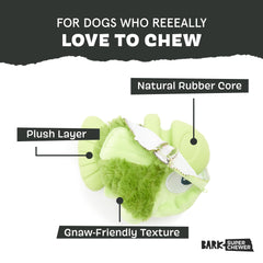 Barkbox Drop the Bass small rip-exterior closeup—plush-to-rubber transition supports treat-dispensing play.