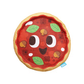 BarkBox Signore Pizza Face dog toy closeup shows fluff-free design for mess-free play.
