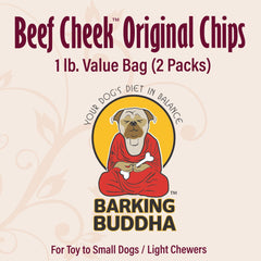 Barking Buddha Beef Cheek Chips closeup shows natural scent and single-ingredient chew.