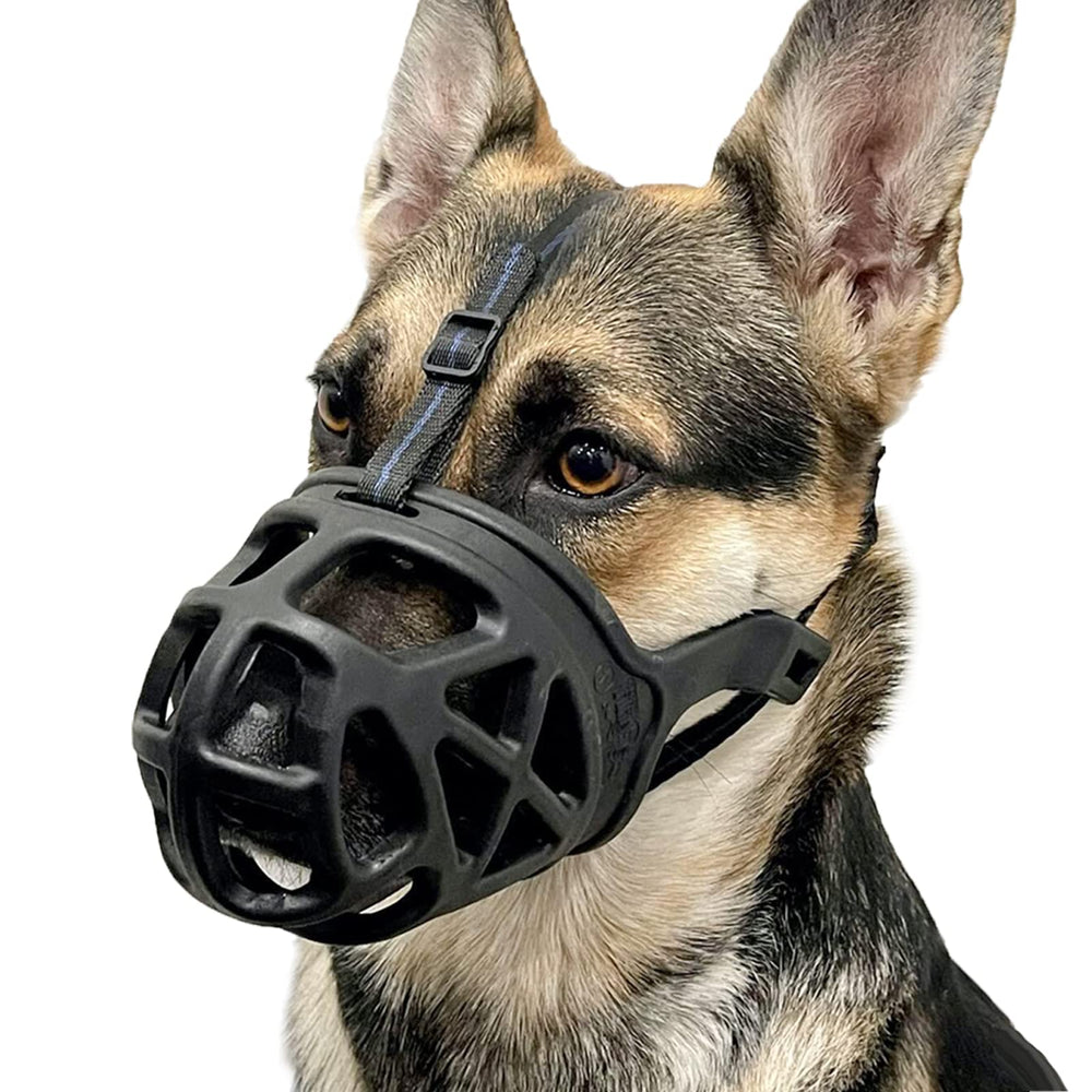 BARKLESS basket muzzle design showing full-mouth protection while allowing drinking on walks