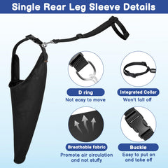 Barkless rear leg sleeve on dog demonstrates freedom of movement while guarding wounds.